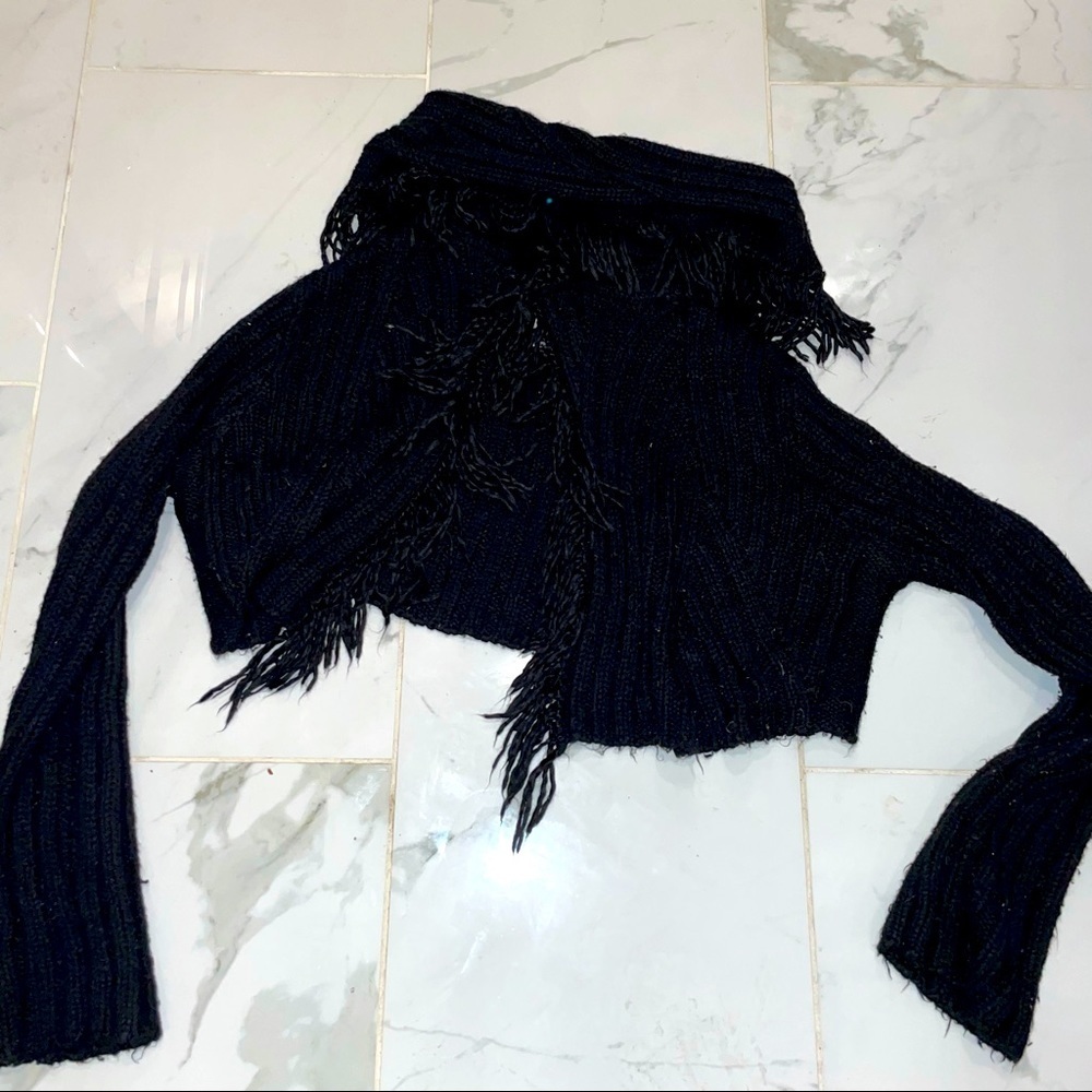Black shaggy open front sweater